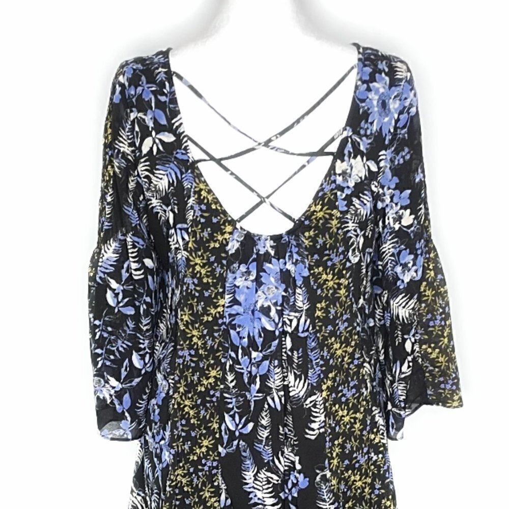 Free People Crochet Front Flower Floral Mini Long Sleeve Flowy Boho Tunic Dress - Picture 3 of 9